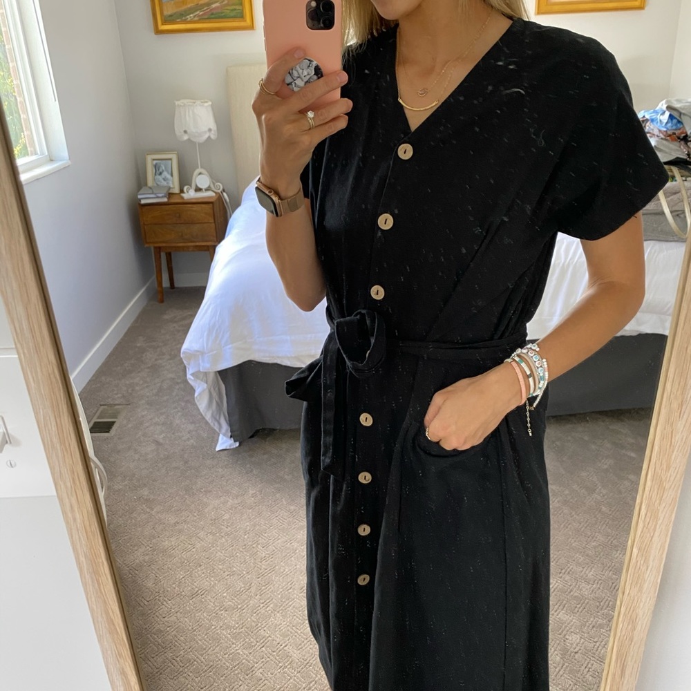 Black linen dress with buttons and wrap